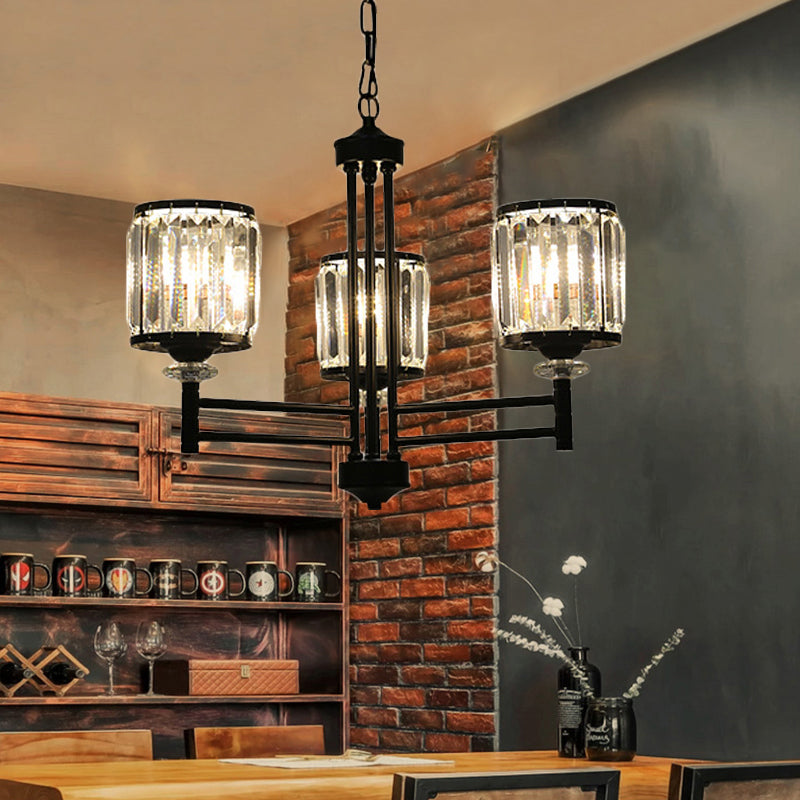 Retro Cylindrical Chandelier Pendant Light - Black Finish, Crystal Accent, Adjustable Chain - 3/6/8 Lights