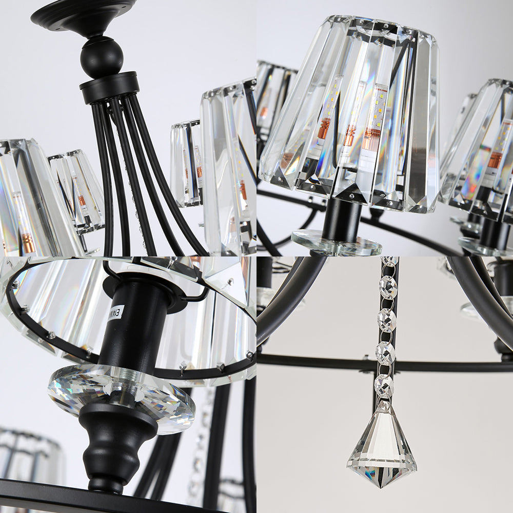 Modern Crystal Pendant Light In Black - Tapered Design 4/6/8 Lights Hanging From Ceiling