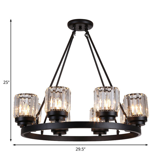 Contemporary Black Bedroom Chandelier With Cylindrical Crystal Shade - 3/6/8 Lights