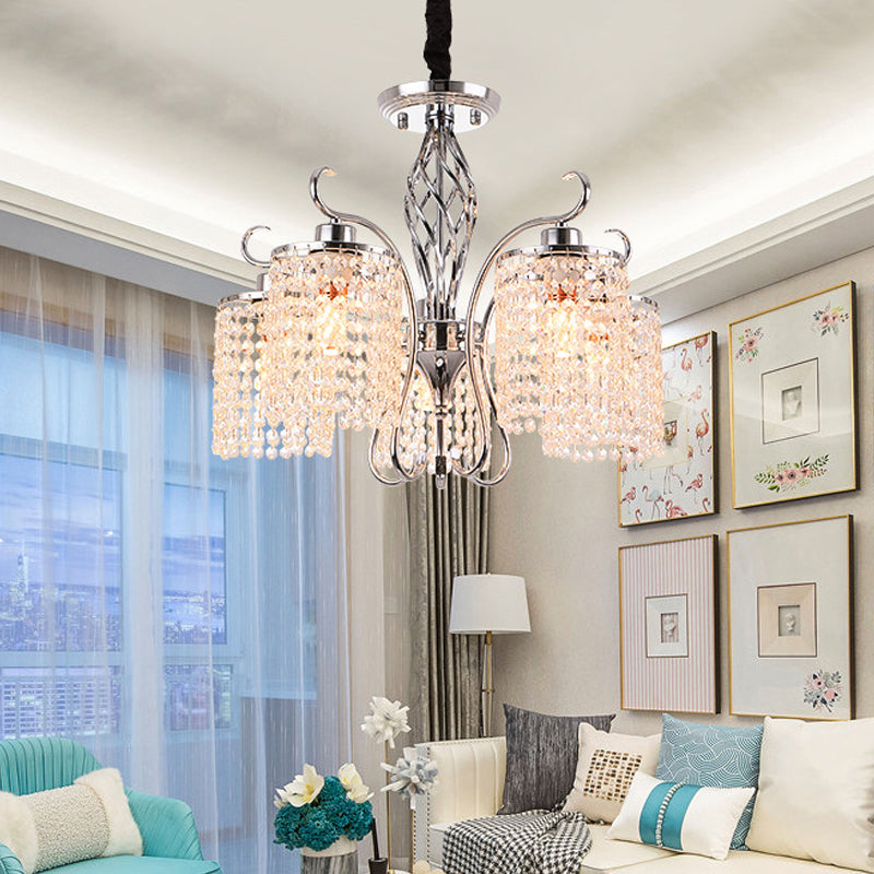 Modern Crystal Cylinder Chandelier Pendant Light - 3/5 Lights Chrome Finish Ideal For Living Room