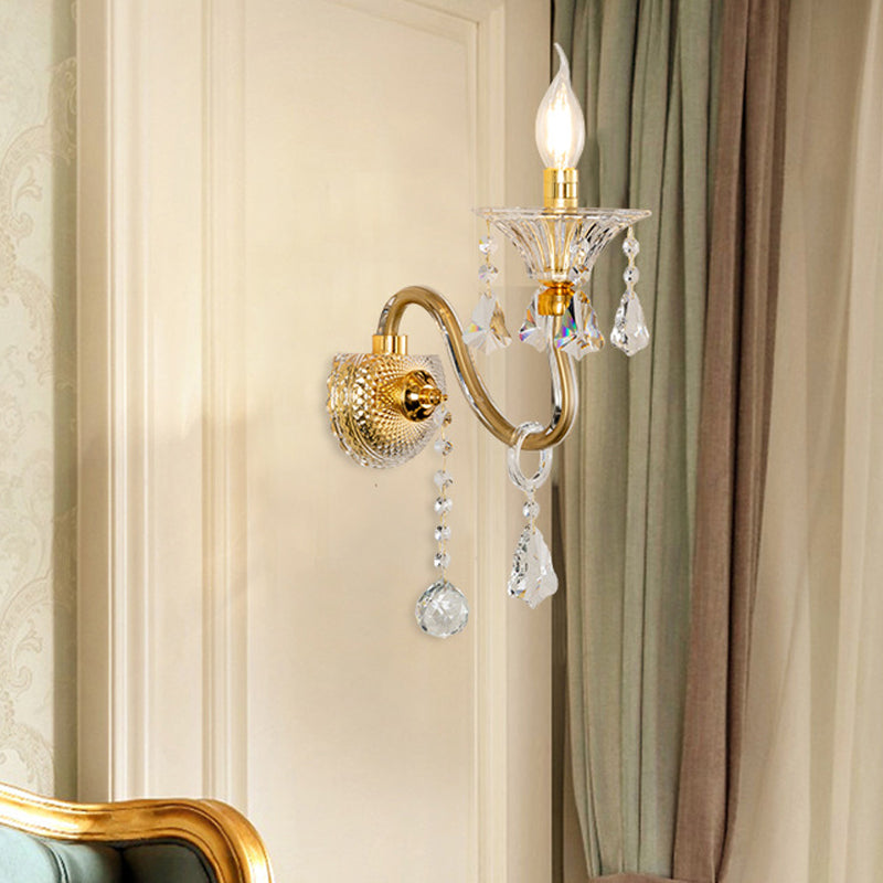 Mid-Century 1/2 Lights Wall Sconce With Brass Candle Design And Crystal Shade 1 /