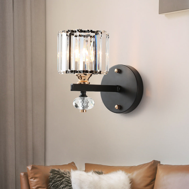 Modern Black Crystal Wall Sconce For Living Room - Flush Mount Drum Light