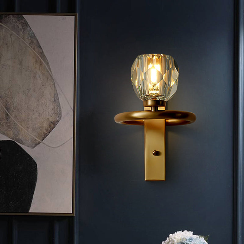 Contemporary Brass Wall Sconce With Global Crystal Shade - Elegant Dining Room Lighting