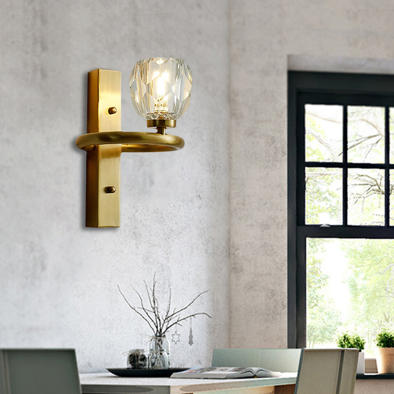 Contemporary Brass Wall Sconce With Global Crystal Shade - Elegant Dining Room Lighting