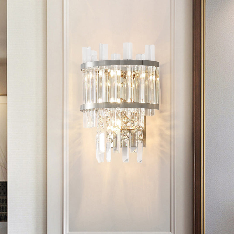 Contemporary Brass/Chrome Tiered Sconce Light - 3-Light Crystal Wall Mounted Lighting For Dining