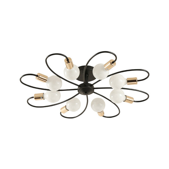 Metal Semi Flush Light With Exposed Bulbs - Traditional Black Ceiling Lighting For Living Room