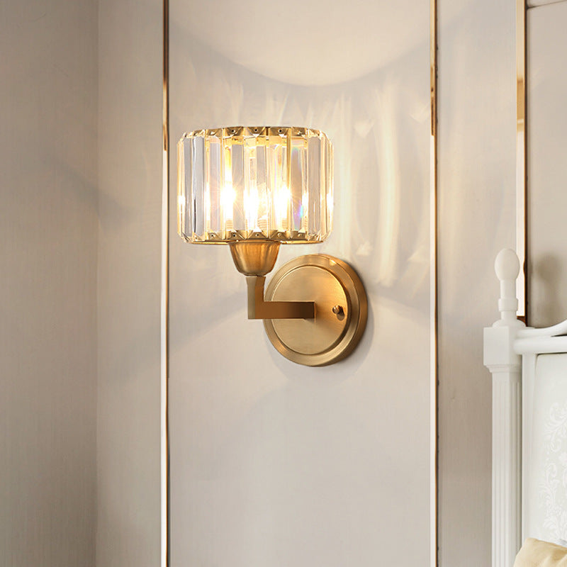 1-Light Wall Mounted Brass Drum Sconce With Crystal Shade - Simple And Elegant Lighting Fixture