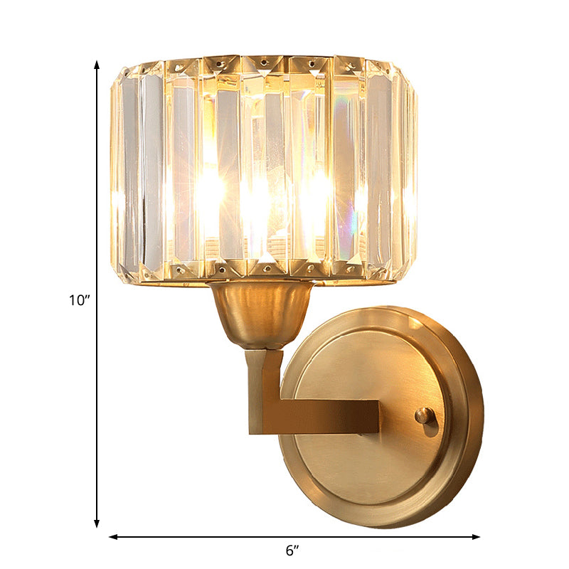 1-Light Wall Mounted Brass Drum Sconce With Crystal Shade - Simple And Elegant Lighting Fixture