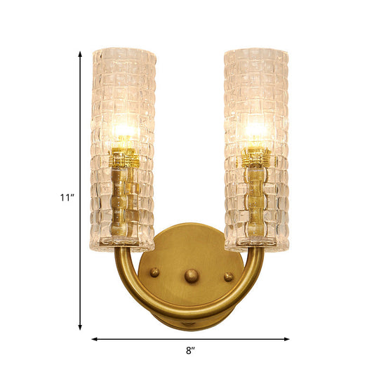 Modern Brass Tubular Flush Mount Wall Sconce With Crystal Accents: 2-Light Fixture & Curved Arm