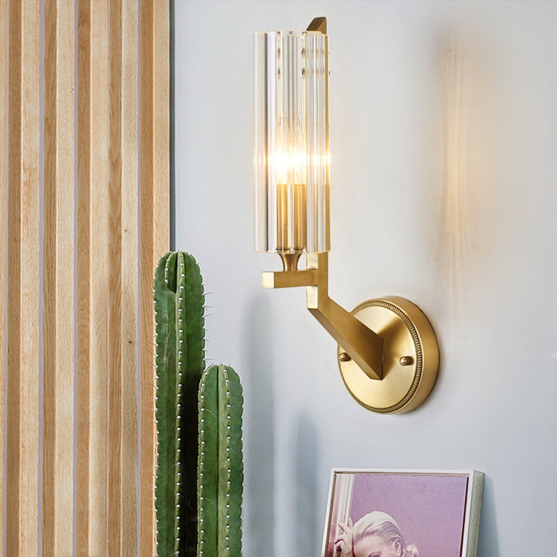 Minimalistic 1-Light Brass Flush Wall Sconce For Bedside - Crystal Tube/Cup/Flat Mounted Lamp