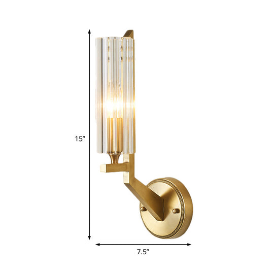 Minimalistic 1-Light Brass Flush Wall Sconce For Bedside - Crystal Tube/Cup/Flat Mounted Lamp