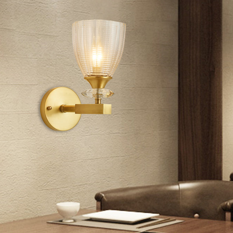 Minimalistic 1-Light Brass Flush Wall Sconce For Bedside - Crystal Tube/Cup/Flat Mounted Lamp / C