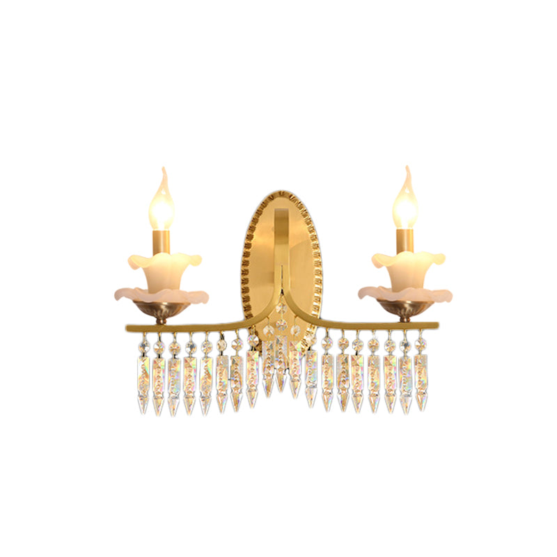 Retro Brass Candle Sconce Light Fixture With Crystal Accents - Wall Mounted Lighting (2 Lights)