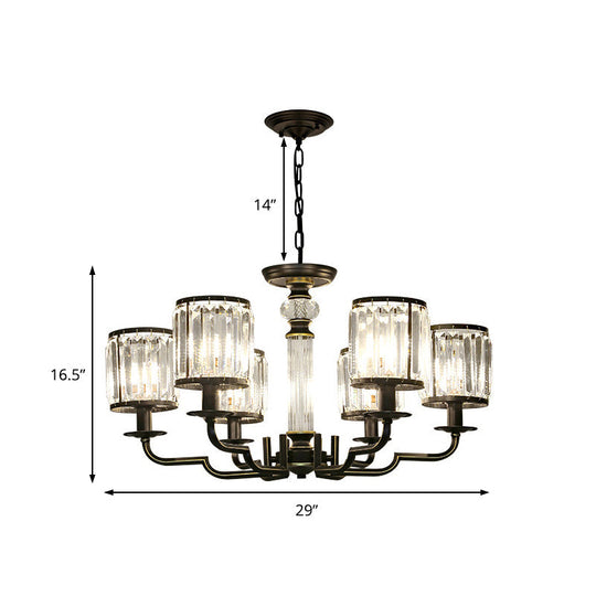 Contemporary Crystal Chandelier: Black Cylinder Pendant Light With Adjustable Chain - 3/6 Lights