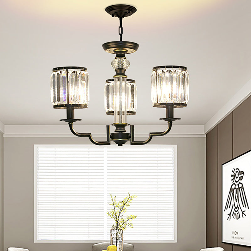 Contemporary Crystal Chandelier: Black Cylinder Pendant Light With Adjustable Chain - 3/6 Lights 3 /