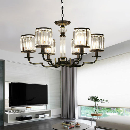 Contemporary Crystal Chandelier: Black Cylinder Pendant Light With Adjustable Chain - 3/6 Lights