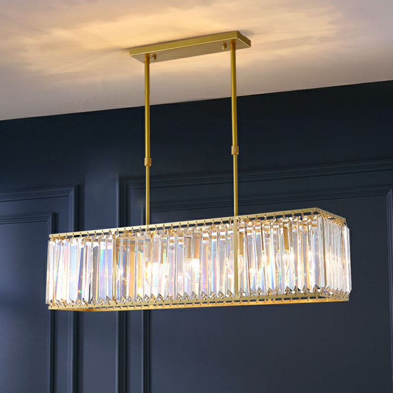 Contemporary Gold Rectangular Island Pendant Light With Tri-Prism Crystal Accents - 3 Bulbs Dining