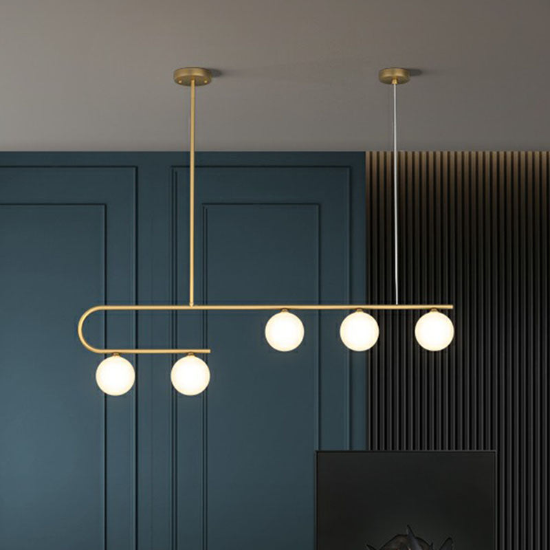 Postmodern Gold Linear Island Pendant Light With Ivory Ball Glass - Led Hanging Lamp