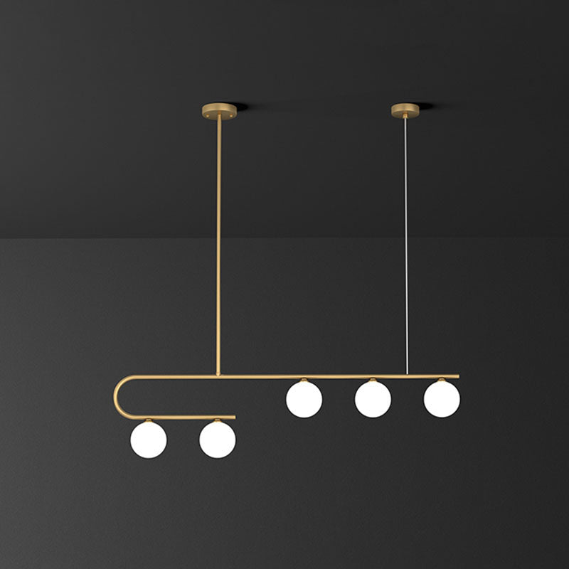 Postmodern Gold Linear Island Pendant Light With Ivory Ball Glass - Led Hanging Lamp 5 /