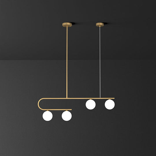 Postmodern Gold Linear Island Pendant Light With Ivory Ball Glass - Led Hanging Lamp 4 /