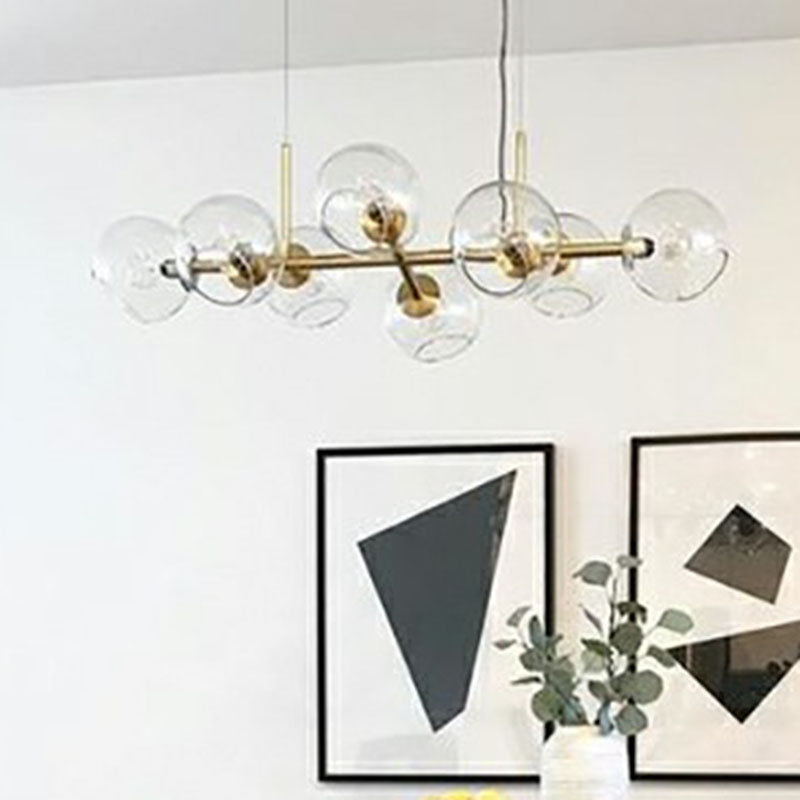Modern Brass Island Light With Dome Glass Shades - 8-Light Dining Room Suspension Lighting Clear