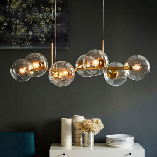 Modern Brass Island Light With Dome Glass Shades - 8-Light Dining Room Suspension Lighting