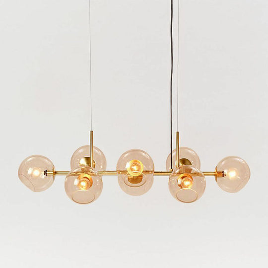 Modern Brass Island Light With Dome Glass Shades - 8-Light Dining Room Suspension Lighting Amber