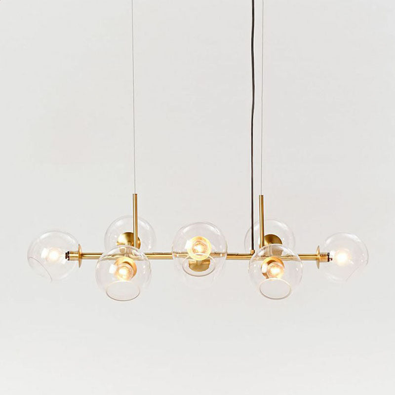 Modern Brass Island Light With Dome Glass Shades - 8-Light Dining Room Suspension Lighting