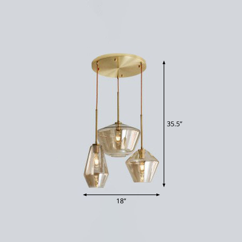 Postmodern 3-Head Gemstone Glass Pendant Light with Brass Finish