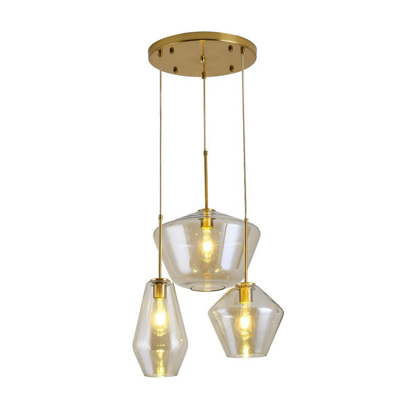 Postmodern Gemstone Glass Hanging Pendant Light - 3-Head Brass Cluster Fixture