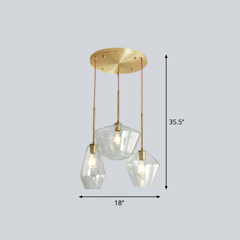 Postmodern Gemstone Glass Hanging Pendant Light - 3-Head Brass Cluster Fixture Clear