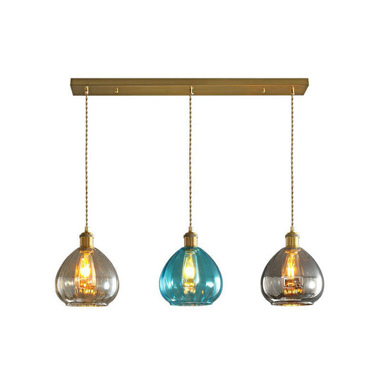 Teardrop Glass Cluster Pendant - Post-Modern Brass 3-Light Hanging Lamp Blue / Linear
