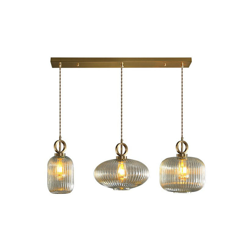 Modern Geometric Multi-Light Pendant With Ribbed Glass Panels - Brass Finish 3-Bulb Suspension