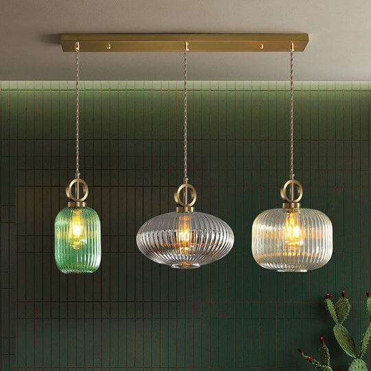 Modern Geometric Multi-Light Pendant With Ribbed Glass Panels - Brass Finish 3-Bulb Suspension