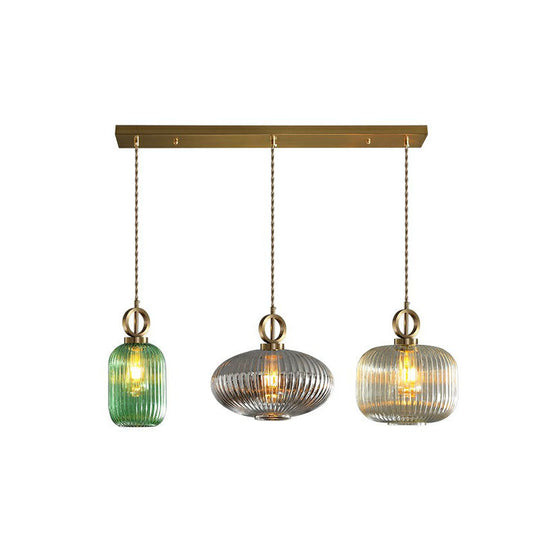 Modern Rib Glass Pendant Light Fixture - Geometric Shape, 3 Bulbs, Brass Finish, Multi-Light Suspension