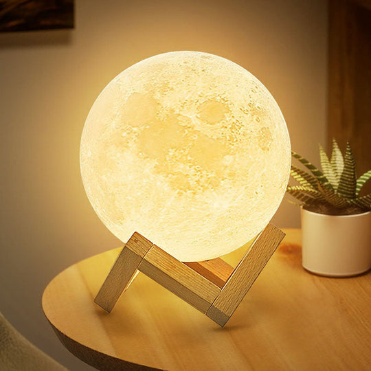 Nordic White Led Nightstand Lamp: Plastic 3D Moon Globe With Wooden Bracket
