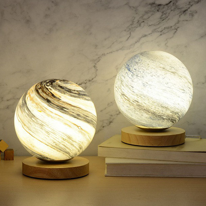 Mini Glass Planet Night Light With Wooden Base - Post-Modern Table Lamp