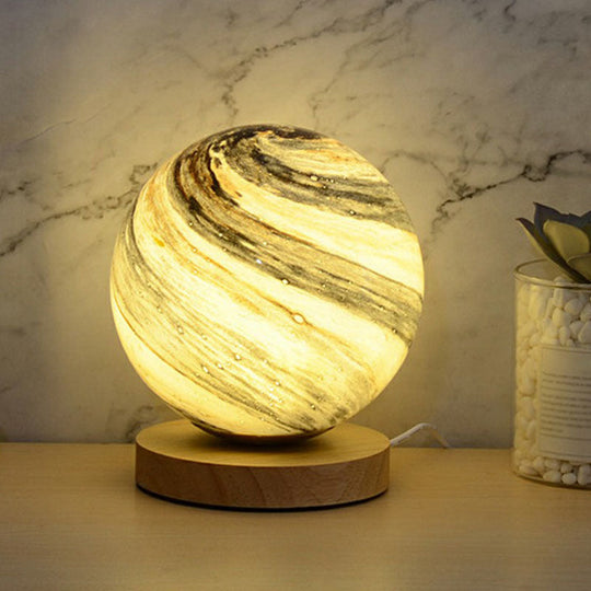 Mini Glass Planet Night Light With Wooden Base - Post-Modern Table Lamp Grey