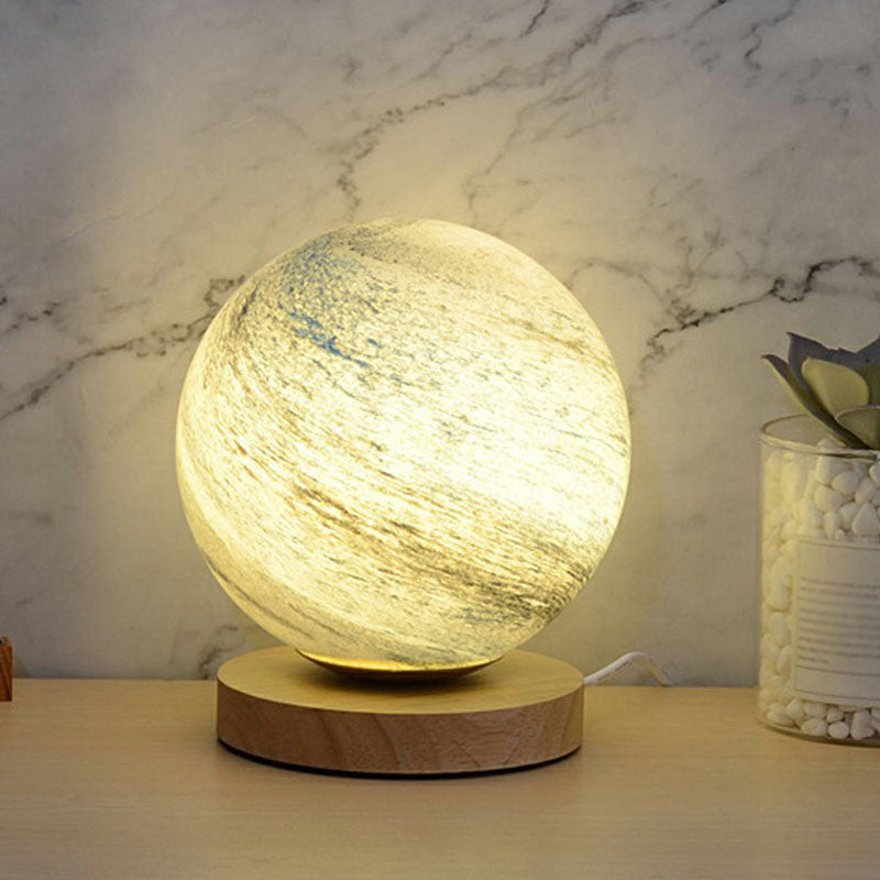 Mini Glass Planet Night Light With Wooden Base - Post-Modern Table Lamp Blue