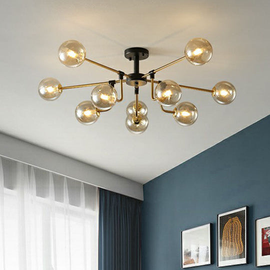 10-Light Black and Brass Chandelier with Radial Pendant and Ball Glass Shade: A Postmodern Statement