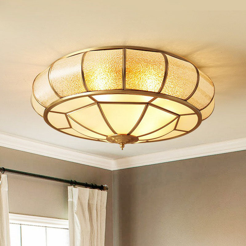 Vintage Brass Round Flush Mount Ceiling Light Fixture For Bedroom With Water Glass Accent