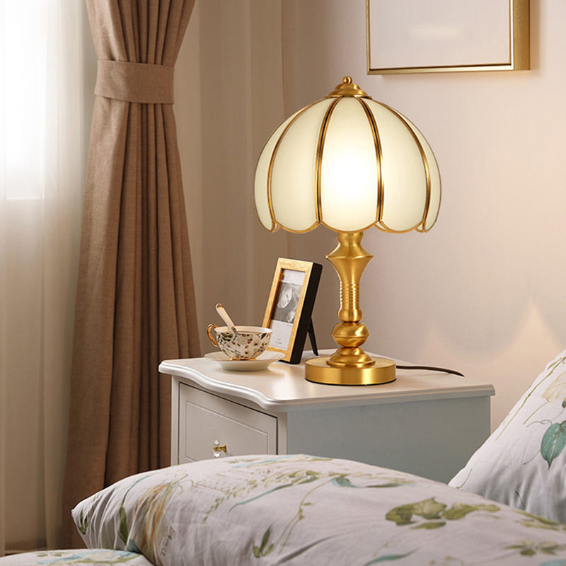 Brass Scalloped Nightstand Lamp - Elegant Beveled Glass Design Bedroom Table Lighting