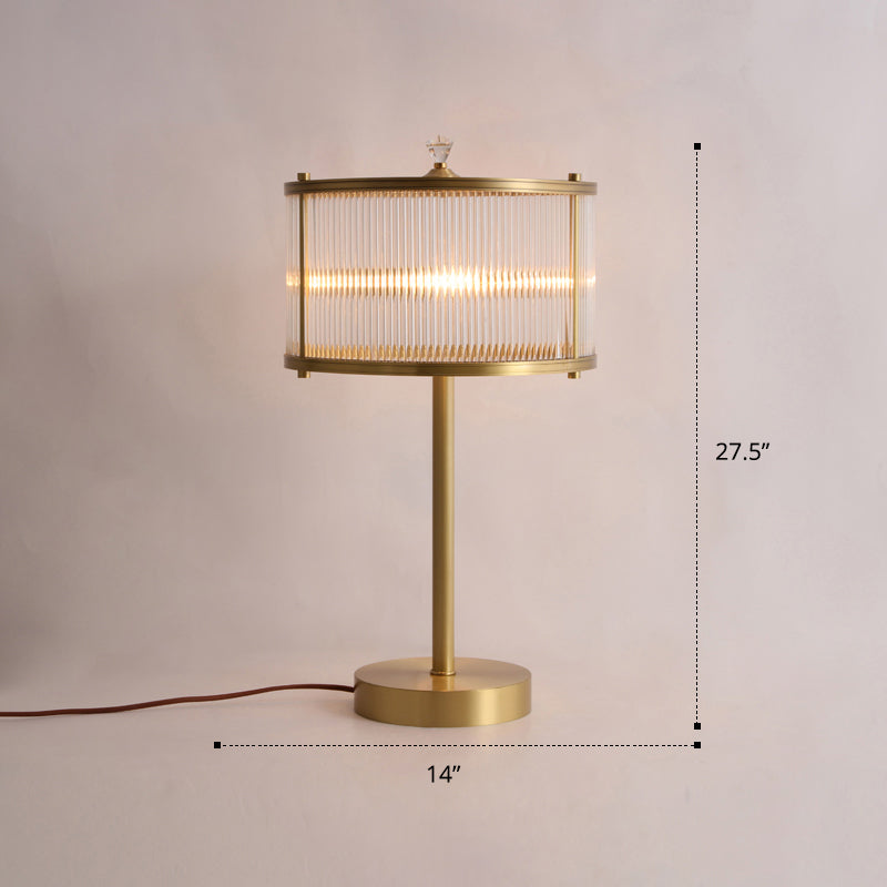 Modern Brass Nightstand Lamp For Bedside - Clear Glass Rod Drum Shade Table Light With 1 Bulb