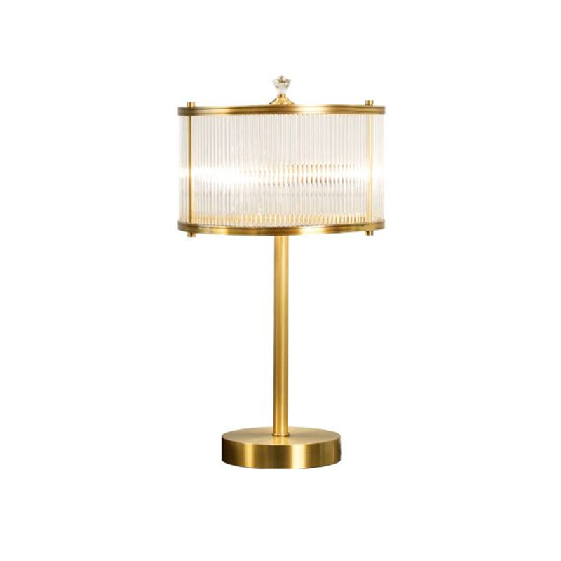 Modern Brass Nightstand Lamp For Bedside - Clear Glass Rod Drum Shade Table Light With 1 Bulb