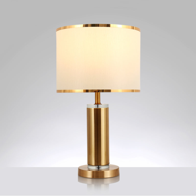 Minimalist Fabric Cylinder Table Lamp: 1-Light Brass Nightstand Lighting With Drum Shade