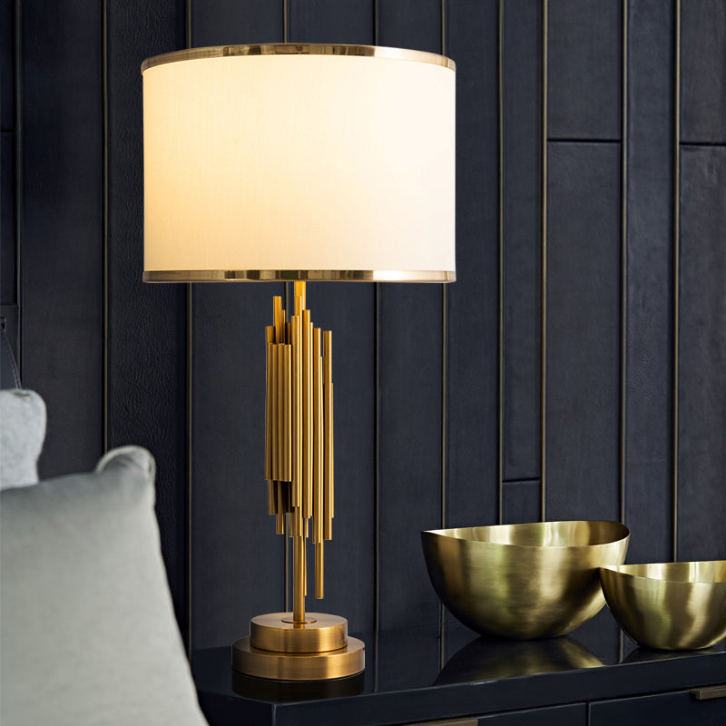 Brass Fabric Drum Nightstand Lamp - Simplistic 1 Bulb Lighting For Living Room Tables