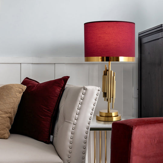 Red Traditional Fabric Table Light With Single Drum Shade - Perfect For Living Room Nightstand