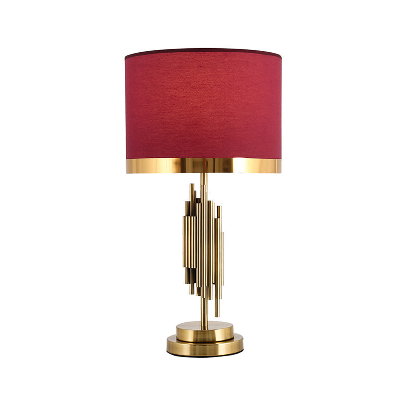 Red Traditional Fabric Table Light With Single Drum Shade - Perfect For Living Room Nightstand