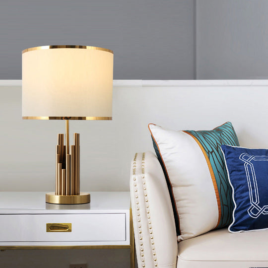 Minimalist Fabric Round Shade Table Lamp - 1 Light Brass Nightstand Lighting For Study Room