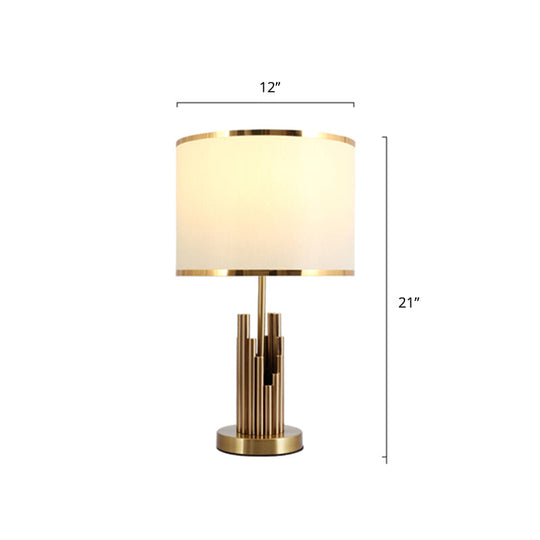 Minimalist Fabric Round Shade Table Lamp - 1 Light Brass Nightstand Lighting For Study Room